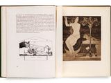 an open book with a drawing of a woman sitting on a bench