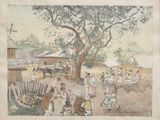 a painting of a group of people standing around a tree