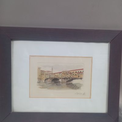 painting of a bridge over a body of water with a building in the background