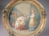 an old picture of a woman and a child in a room