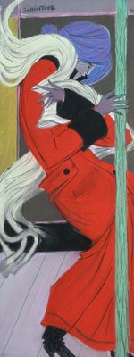 tableau représentant une femme vêtue d'un manteau rouge et aux longs cheveux blancs