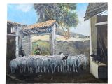 a painting of a man tending to a flock of sheep