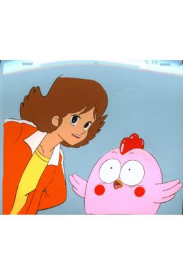 a cartoon picture of a woman and a pink bird