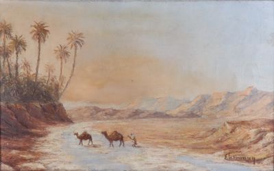 tableau représentant une scène de désert avec des chameaux et des palmiers au bord d'un ruisseau