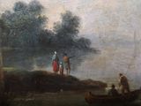 a painting of a man and a woman on a boat