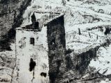 a black and white drawing of a house on a hill