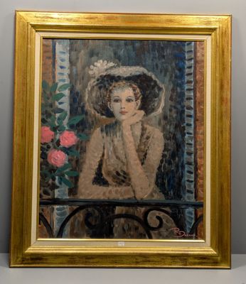 tableau représentant une femme assise sur un balcon, une rose à la main