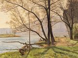 a painting of a river with trees in the foreground