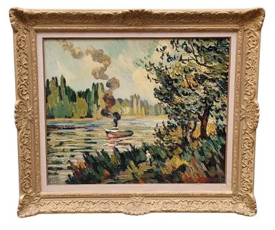une image représentant un tableau où l'on voit un homme dans un bateau sur une rivière
