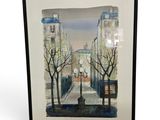 tableau représentant une scène de rue avec un lampadaire et des arbres