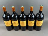 six bottles of wine are lined up in a row on a table