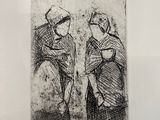 a black and white drawing of two people sitting on a bench