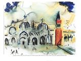 a poster with a picture of a church and a clock tower