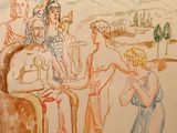 painting of a group of people standing around a statue in a field