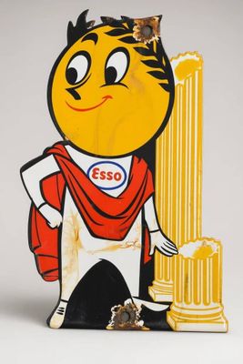un panneau jaune et rouge représentant un personnage de dessin animé tenant un trophée