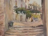 a picture of a painting of a street with stairs