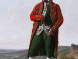 an old painting of a man in a red coat and green pants standing on a dirt road