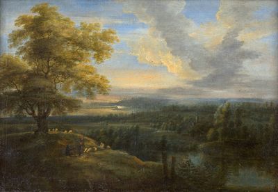 une peinture à l'huile représentant un paysage avec une rivière et des arbres au premier plan