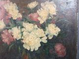 a painting of flowers in a vase on a table