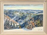 an oil painting of a snowy landscape with trees in the foreground
