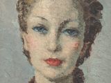 tableau représentant une femme vêtue d'une chemise rouge et d'une cravate rouge
