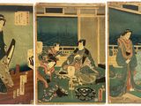 quatre panneaux d'un tableau représentant une femme en kimono