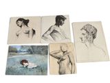 six dessins représentant une femme et un enfant dans un champ d'herbe
