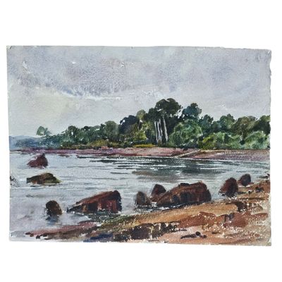 une aquarelle représentant une rivière avec des rochers et des arbres