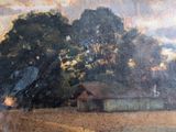 painting of a farm scene with a barn and trees in the background