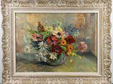 a painting of flowers in a vase on a table
