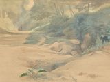 un tableau représentant un homme marchant sur un sentier dans les bois