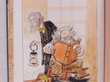 un livre ouvert sur lequel figure le dessin d'un homme et d'une femme assis sur une pile de livres