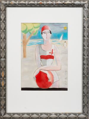 un tableau représentant une femme en maillot de bain tenant une balle rouge