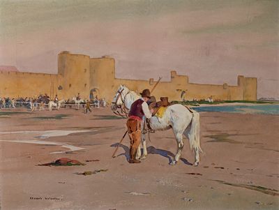 un tableau représentant un homme et un cheval sur la plage