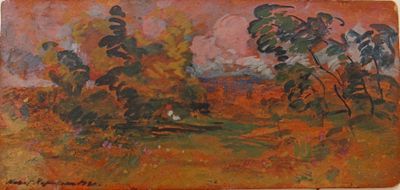 une image d'un tableau représentant un paysage avec des arbres au premier plan