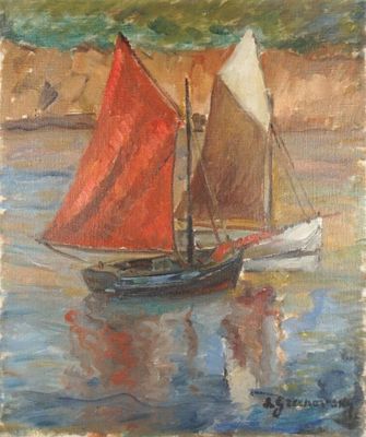 une peinture représentant un bateau aux voiles rouges sur l'eau