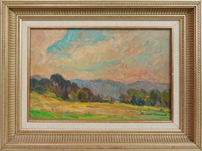 an oil painting of a field with trees and mountains in the background