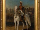 painting of a man in uniform riding a white horse in front of a crowd