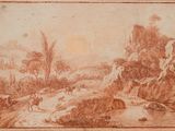 un dessin représentant un paysage avec une rivière et un homme à cheval