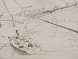 a drawing of a boat in the water with people in it