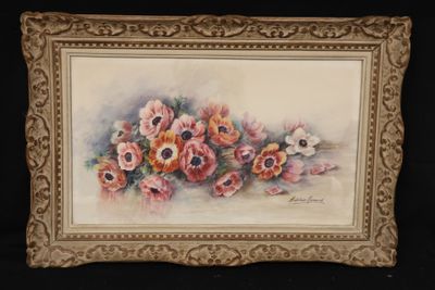 an image of a painting of pink and white flowers on a black background