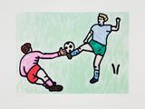 a drawing of a man kicking a soccer ball next to another man