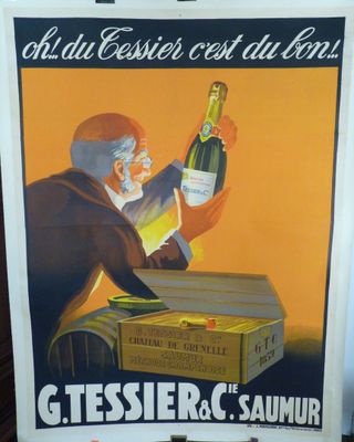 une affiche représentant un homme tenant une bouteille de vin