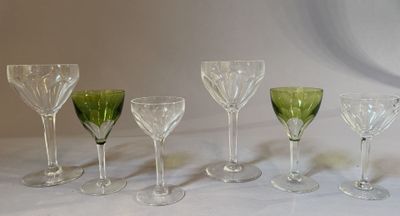 six wine glasses lined up on a white table