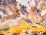 a watercolor painting of a mountain range with a lake in the foreground