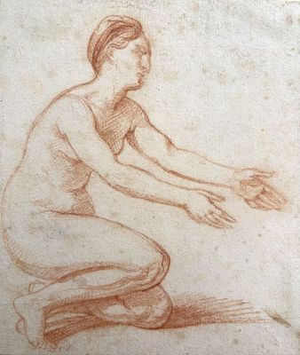 un dessin représentant une femme à genoux, les mains tendues