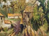 an oil painting of a country road with a farm in the background
