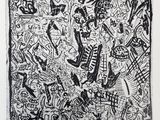 a black and white drawing of graffiti on a white paper