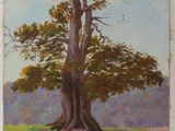 an oil painting of two trees in a field with mountains in the background