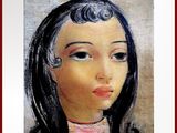 tableau représentant une femme aux longs cheveux noirs portant une chemise rose à col